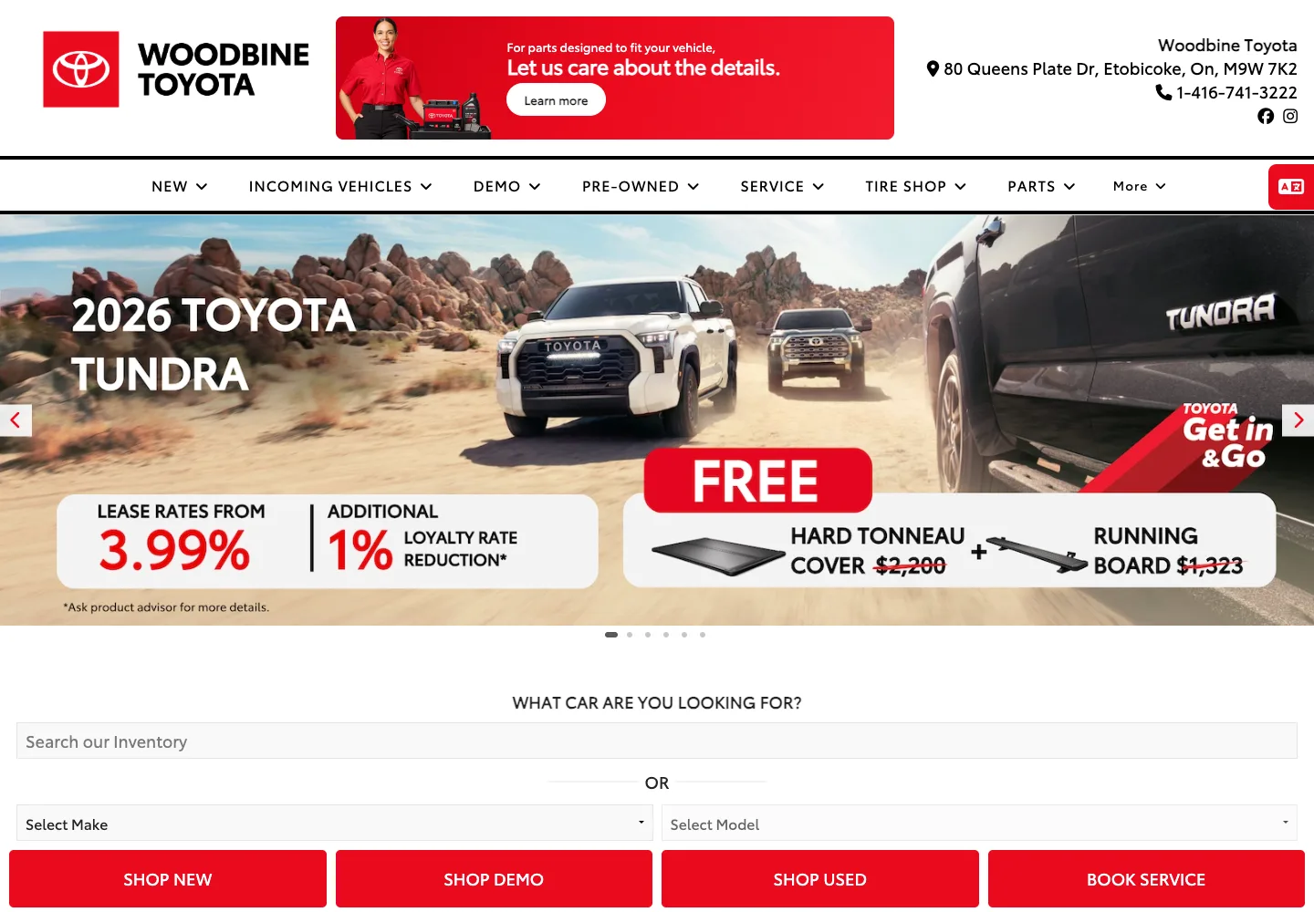 Desktop Glovebox dealership website with branded navigation, promotional content, and inventory search